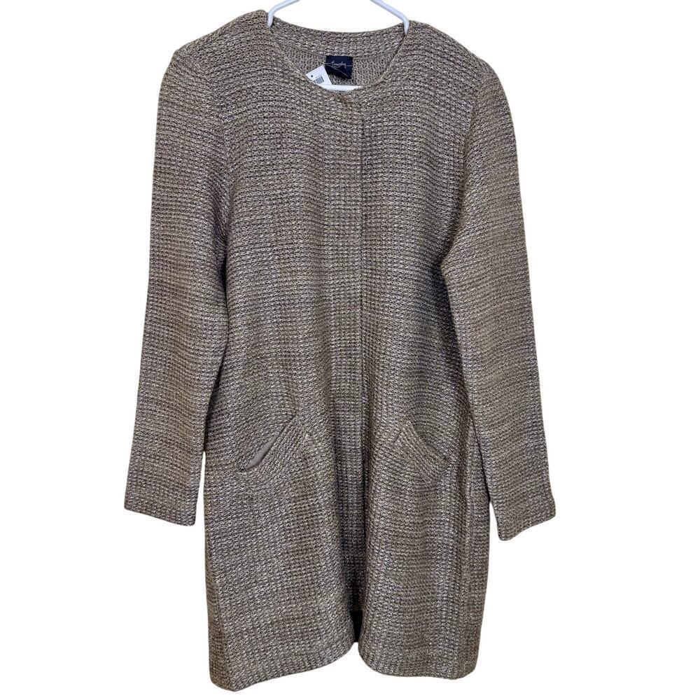 Chico’s Lurex Sweater Jacket Gold Open Front Long Sleeve Pockets NWT 2 / LRG